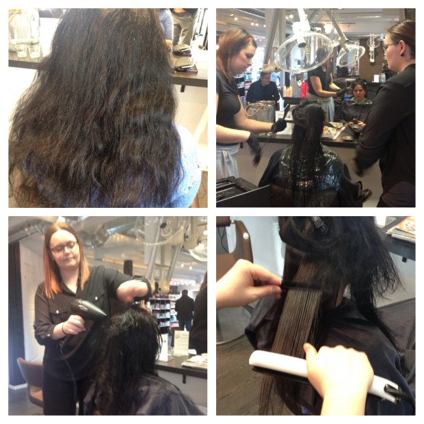 Dyktige ANITA fra Peaks Hair lærte oss teknikken i Frizz-out behandlingen. Her er det Mona som får prøve seg på modellen. 